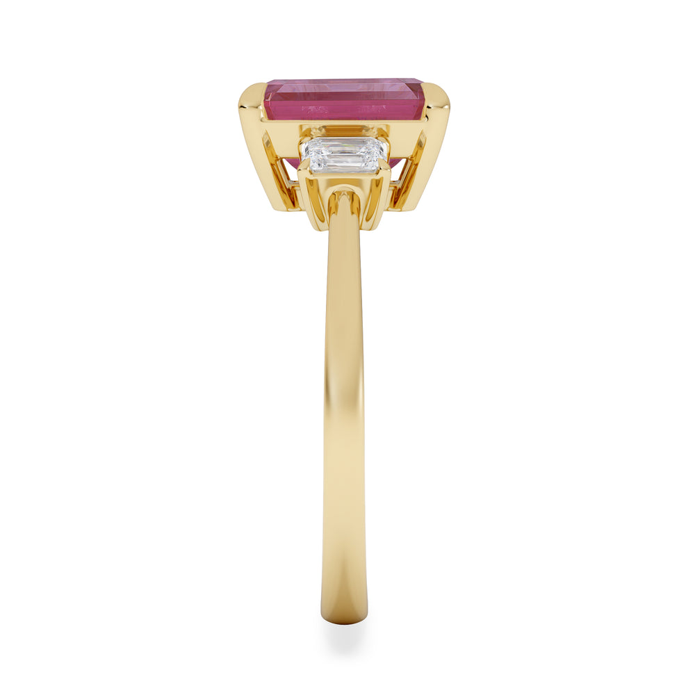 Solene 2.50ct Emerald Cut Lab Ruby and Lab Diamond 3 Stone Engagement Ring in 18K Yellow Gold