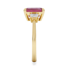 Solene 2.50ct Emerald Cut Lab Ruby and Lab Diamond 3 Stone Engagement Ring in 18K Yellow Gold