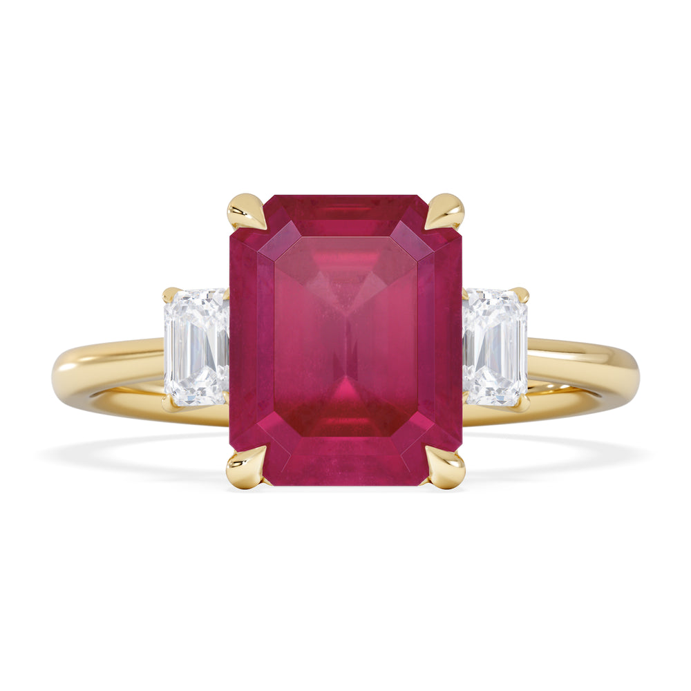 Solene 2.50ct Emerald Cut Lab Ruby and Lab Diamond 3 Stone Engagement Ring in 18K Yellow Gold