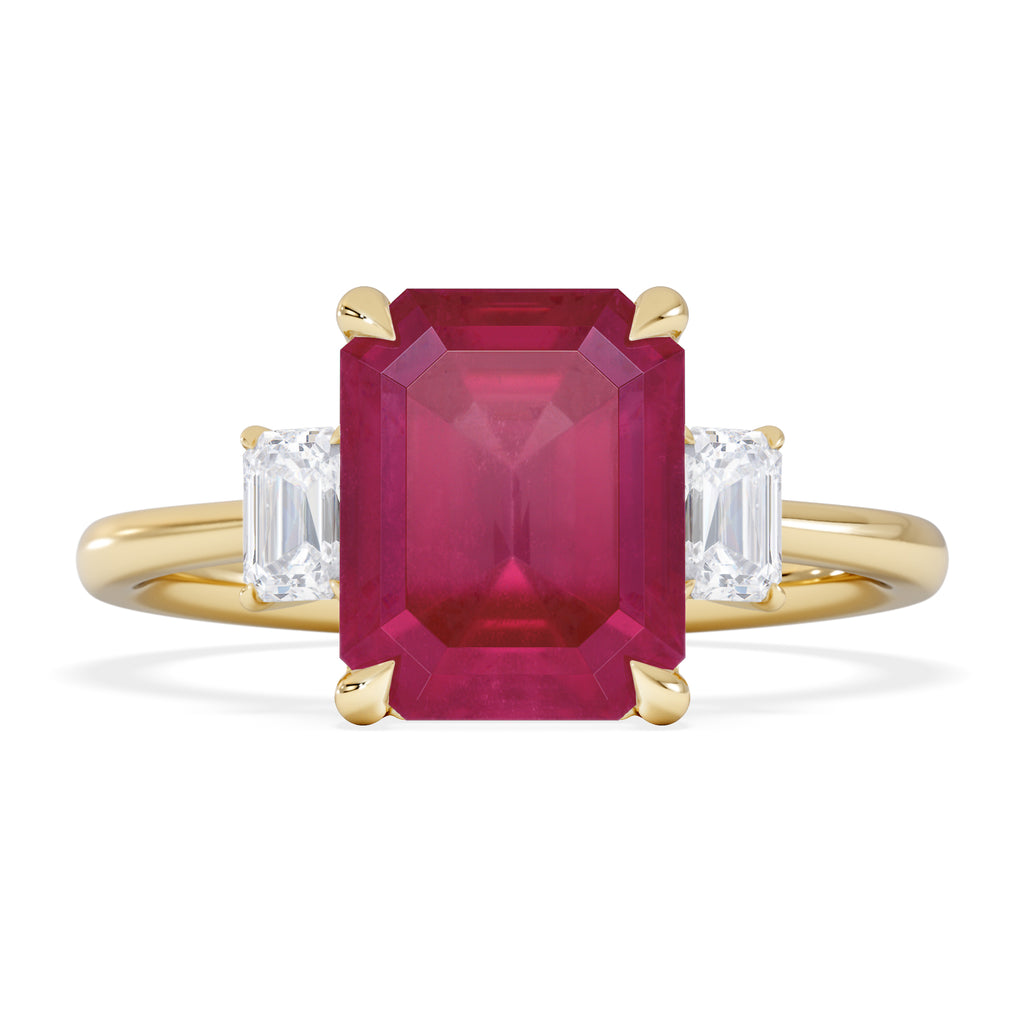 Solene 2.50ct Emerald Cut Lab Ruby and Lab Diamond 3 Stone Engagement Ring in 18K Yellow Gold