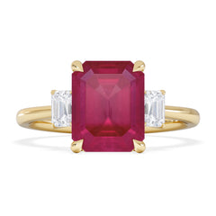 Solene 2.50ct Emerald Cut Lab Ruby and Lab Diamond 3 Stone Engagement Ring in 18K Yellow Gold