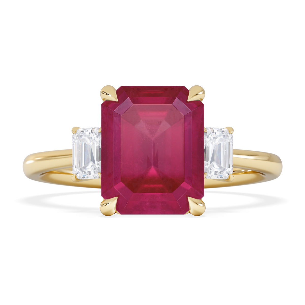 Solene 2.50ct Emerald Cut Lab Ruby and Lab Diamond 3 Stone Engagement Ring in 18K Yellow Gold