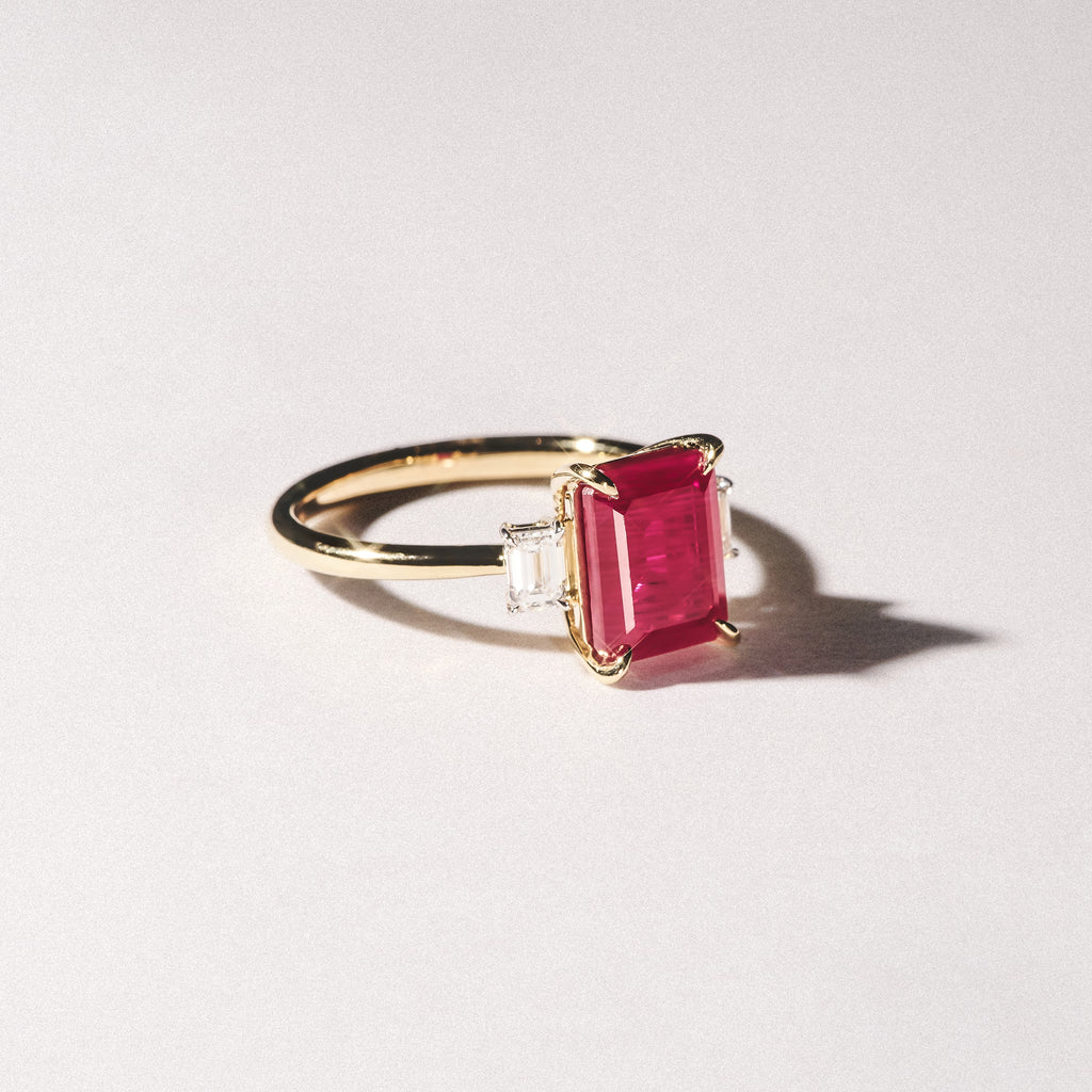 Solene 2.50ct Emerald Cut Lab Ruby and Lab Diamond 3 Stone Engagement Ring in 18K Yellow Gold