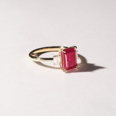 Solene 2.50ct Emerald Cut Lab Ruby and Lab Diamond 3 Stone Engagement Ring in 18K Yellow Gold