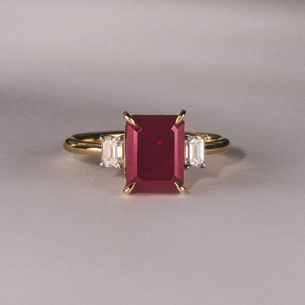 Solene 2.50ct Emerald Cut Lab Ruby and Lab Diamond 3 Stone Engagement Ring in 18K Yellow Gold
