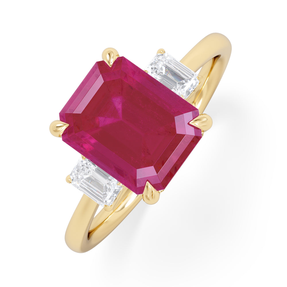 Solene 2.50ct Emerald Cut Lab Ruby and Lab Diamond 3 Stone Engagement Ring in 18K Yellow Gold