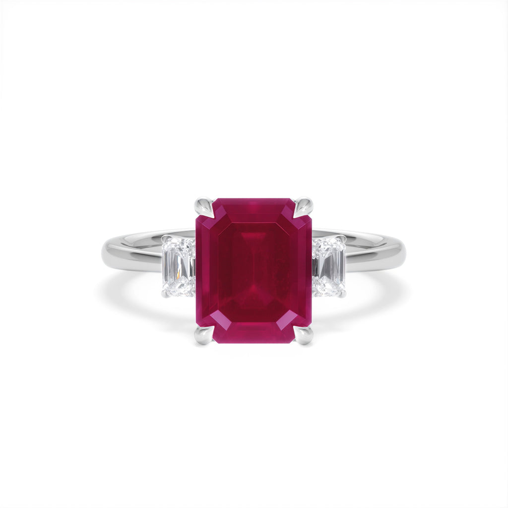 Solene 2.50ct Emerald Cut Lab Ruby and Lab Diamond 3 Stone Engagement Ring in 18K White Gold