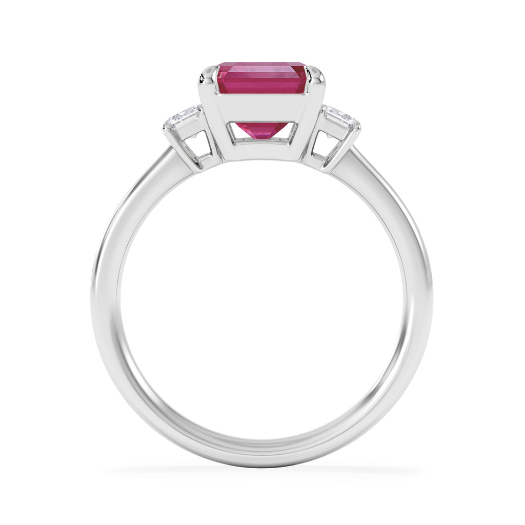Solene 2.50ct Emerald Cut Lab Ruby and Lab Diamond 3 Stone Engagement Ring in 18K White Gold