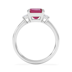 Solene 2.50ct Emerald Cut Lab Ruby and Lab Diamond 3 Stone Engagement Ring in 18K White Gold
