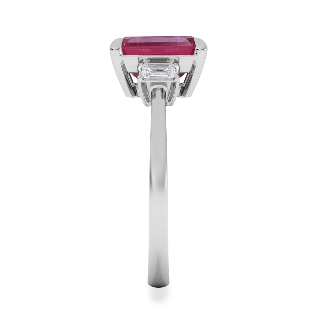 Solene 2.50ct Emerald Cut Lab Ruby and Lab Diamond 3 Stone Engagement Ring in 18K White Gold
