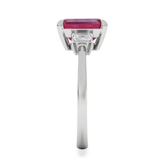 Solene 2.50ct Emerald Cut Lab Ruby and Lab Diamond 3 Stone Engagement Ring in 18K White Gold