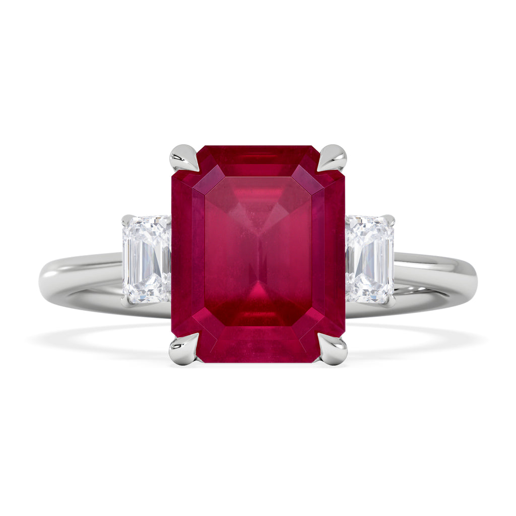 Solene 2.50ct Emerald Cut Lab Ruby and Lab Diamond 3 Stone Engagement Ring in 18K White Gold