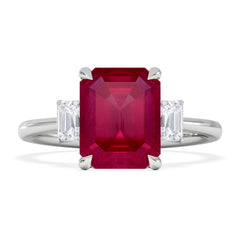 Solene 2.50ct Emerald Cut Lab Ruby and Lab Diamond 3 Stone Engagement Ring in 18K White Gold