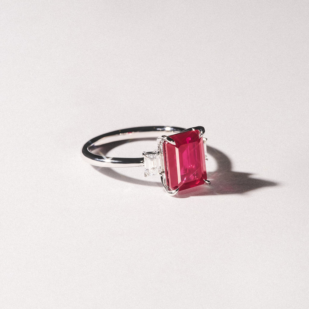 Solene 2.50ct Emerald Cut Lab Ruby and Lab Diamond 3 Stone Engagement Ring in 18K White Gold