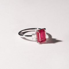 Solene 2.50ct Emerald Cut Lab Ruby and Lab Diamond 3 Stone Engagement Ring in 18K White Gold