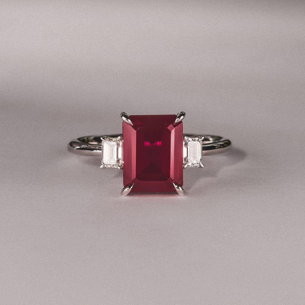 Solene 2.50ct Emerald Cut Lab Ruby and Lab Diamond 3 Stone Engagement Ring in 18K White Gold