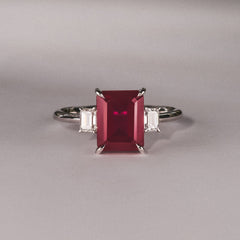 Solene 2.50ct Emerald Cut Lab Ruby and Lab Diamond 3 Stone Engagement Ring in 18K White Gold