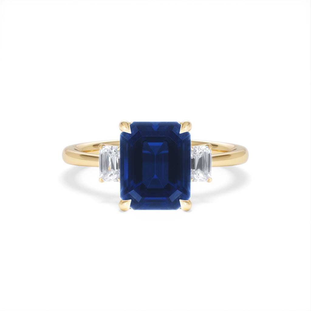 Solene 2.50ct Emerald Cut Lab Sapphire and Lab Diamond 3 Stone Engagement Ring in 18K Yellow Gold