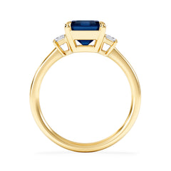 Solene 2.50ct Emerald Cut Lab Sapphire and Lab Diamond 3 Stone Engagement Ring in 18K Yellow Gold