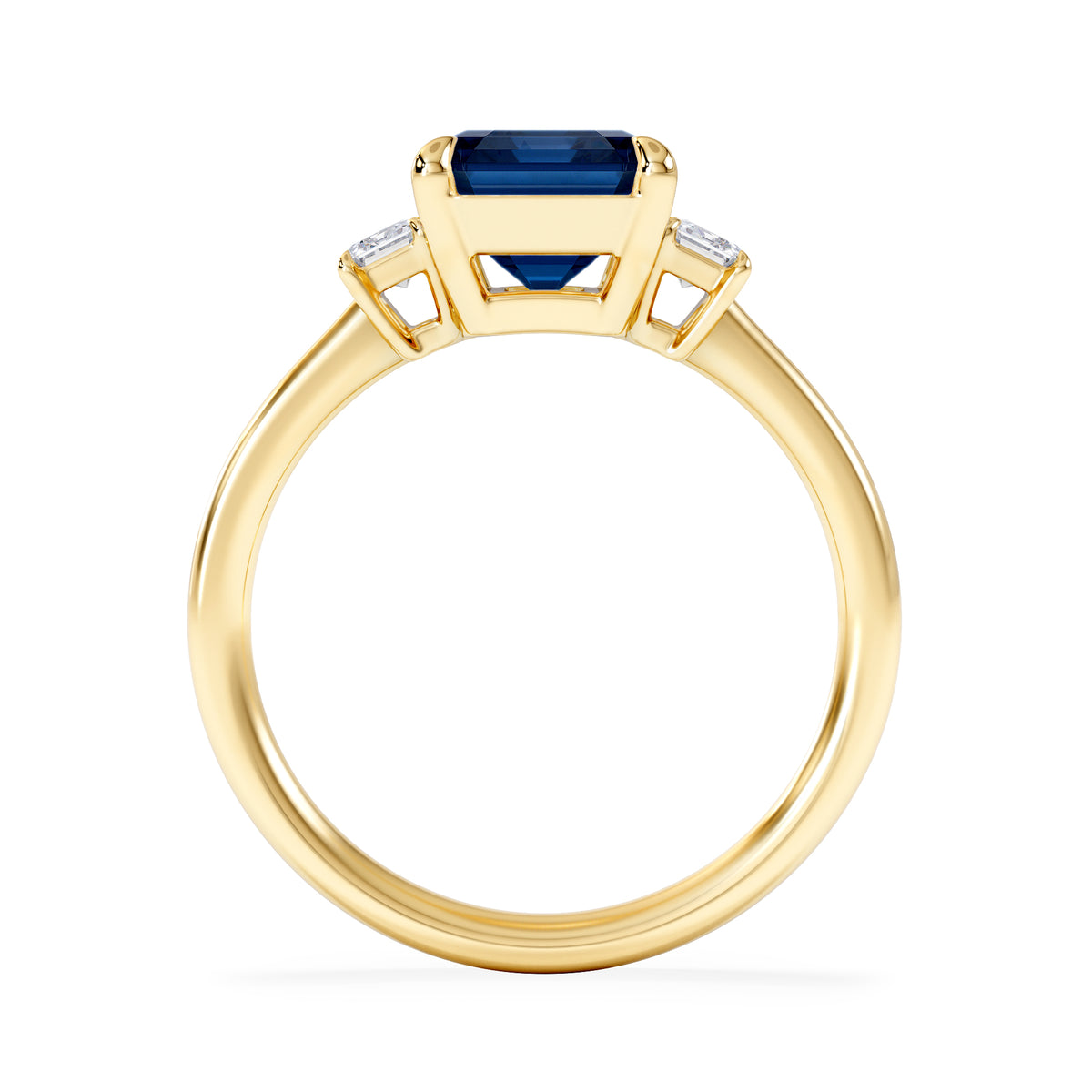 Solene 2.50ct Emerald Cut Lab Sapphire and Lab Diamond 3 Stone Engament Ring in 18K Yellow Gold