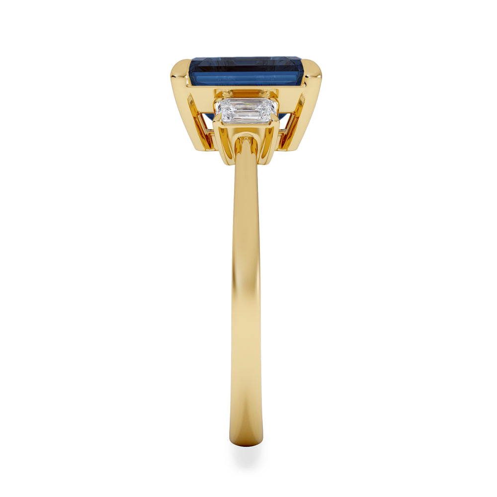 Solene 2.50ct Emerald Cut Lab Sapphire and Lab Diamond 3 Stone Engament Ring in 18K Yellow Gold