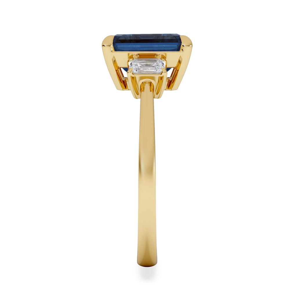 Solene 2.50ct Emerald Cut Lab Sapphire and Lab Diamond 3 Stone Engagement Ring in 18K Yellow Gold