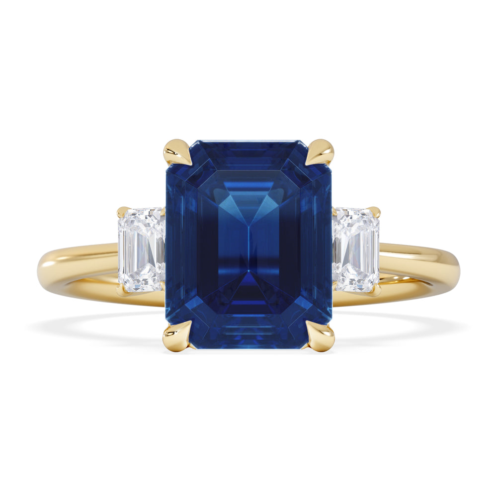 Solene 2.50ct Emerald Cut Lab Sapphire and Lab Diamond 3 Stone Engament Ring in 18K Yellow Gold