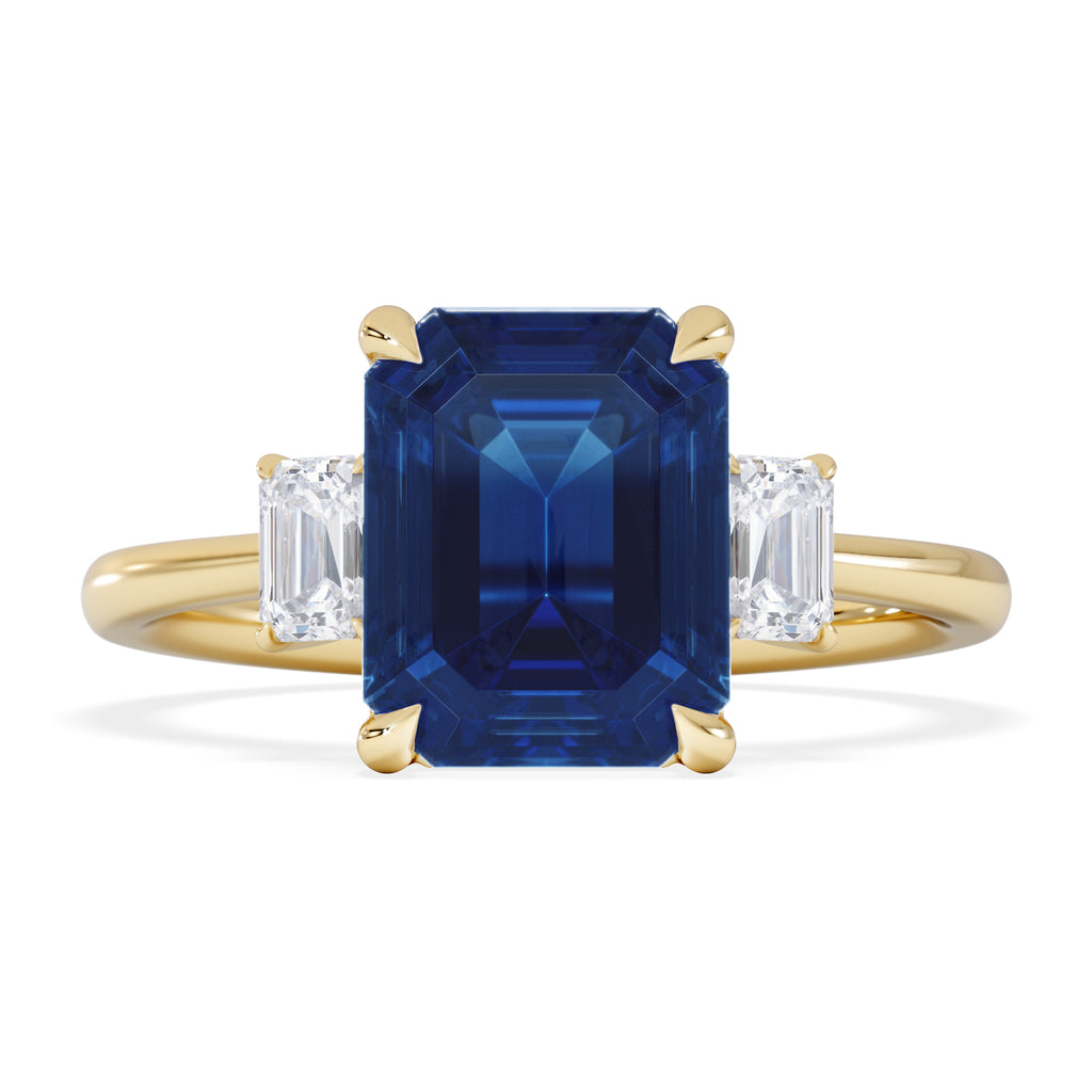 Solene 2.50ct Emerald Cut Lab Sapphire and Lab Diamond 3 Stone Engagement Ring in 18K Yellow Gold