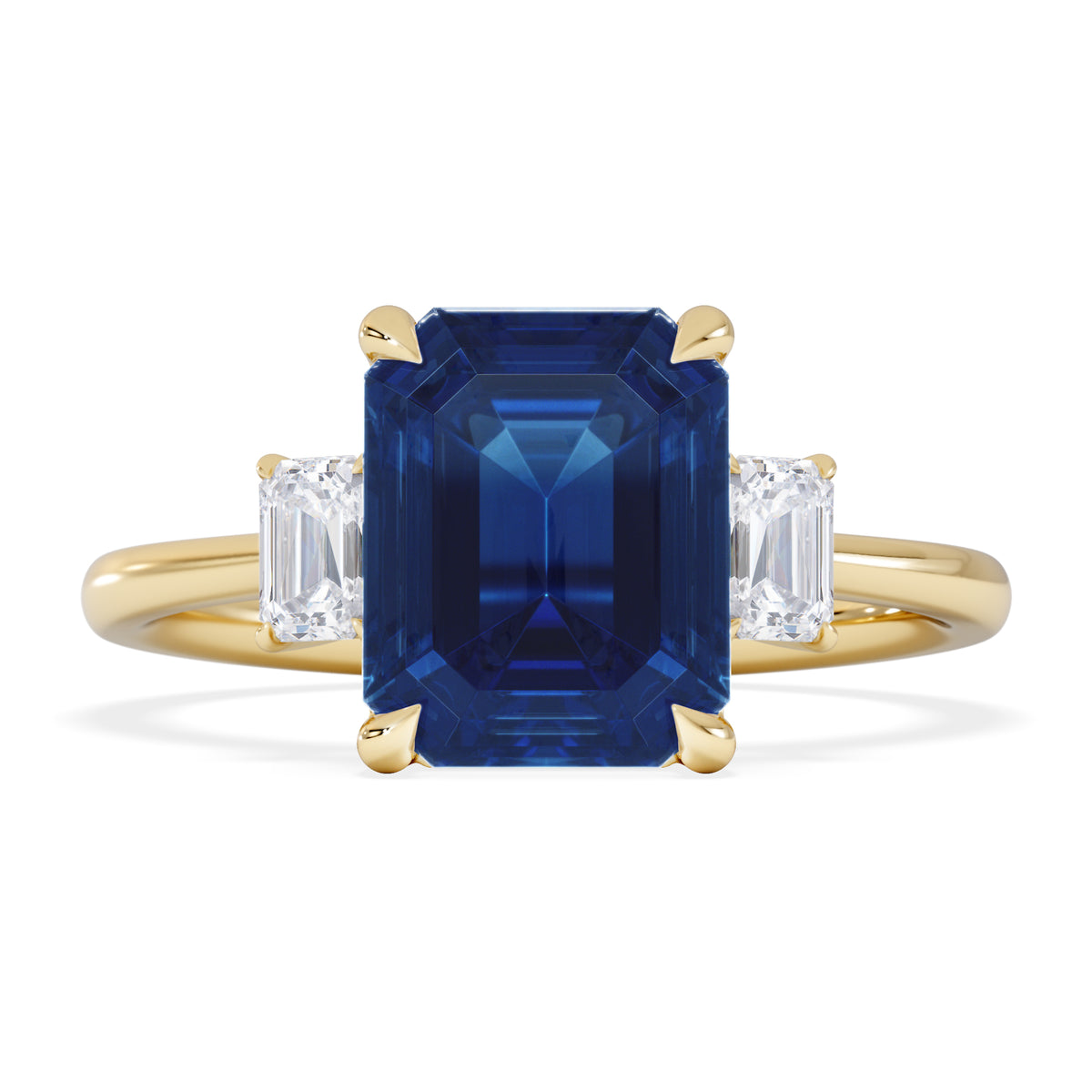 Solene 2.50ct Emerald Cut Lab Sapphire and Lab Diamond 3 Stone Engament Ring in 18K Yellow Gold