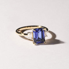 Solene 2.50ct Emerald Cut Lab Sapphire and Lab Diamond 3 Stone Engagement Ring in 18K Yellow Gold