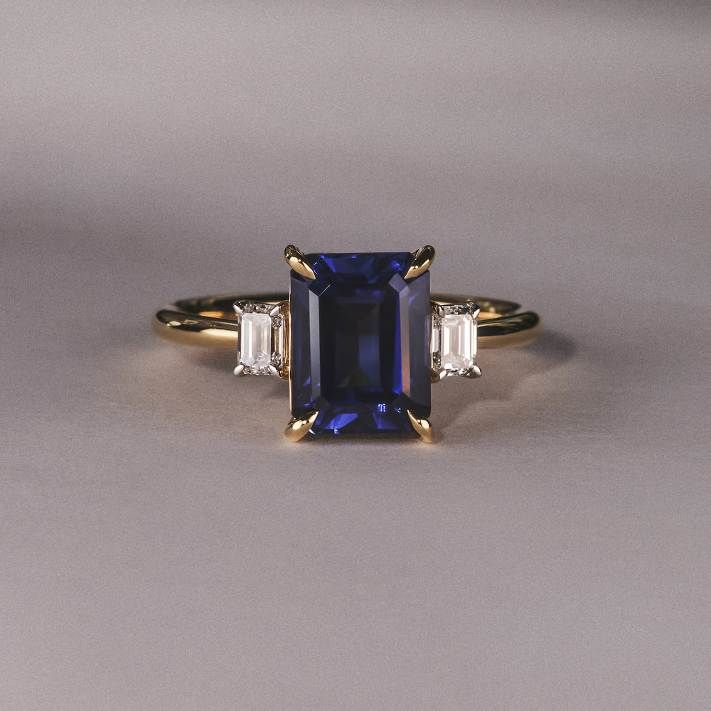 Solene 2.50ct Emerald Cut Lab Sapphire and Lab Diamond 3 Stone Engament Ring in 18K Yellow Gold