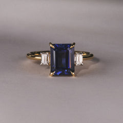 Solene 2.50ct Emerald Cut Lab Sapphire and Lab Diamond 3 Stone Engagement Ring in 18K Yellow Gold