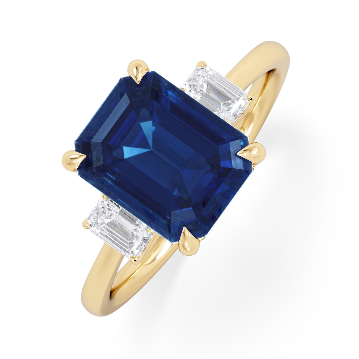 Solene 2.50ct Emerald Cut Lab Sapphire and Lab Diamond 3 Stone Engament Ring in 18K Yellow Gold