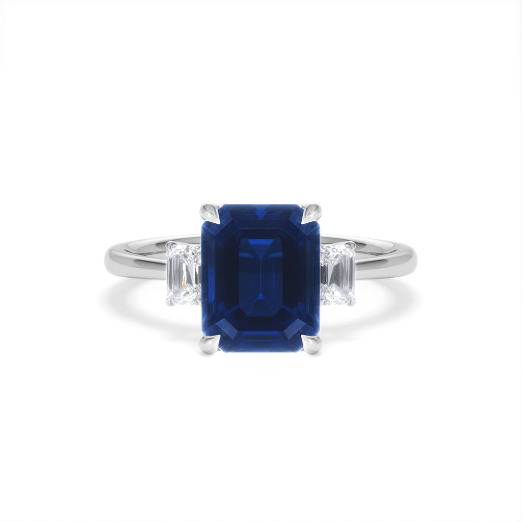 Solene 2.50ct Emerald Cut Lab Sapphire and Lab Diamond 3 Stone Engagement Ring in 18K White Gold