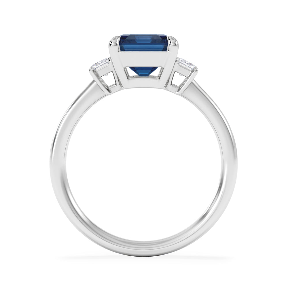 Solene 2.50ct Emerald Cut Lab Sapphire and Lab Diamond 3 Stone Engament Ring in 18K White Gold