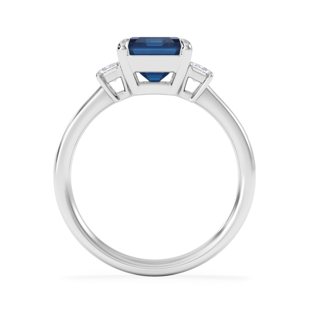 Solene 2.50ct Emerald Cut Lab Sapphire and Lab Diamond 3 Stone Engagement Ring in 18K White Gold