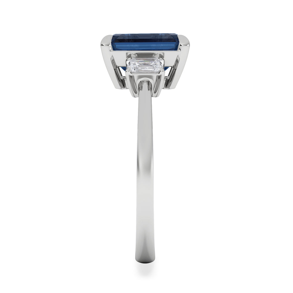 Solene 2.50ct Emerald Cut Lab Sapphire and Lab Diamond 3 Stone Engament Ring in 18K White Gold