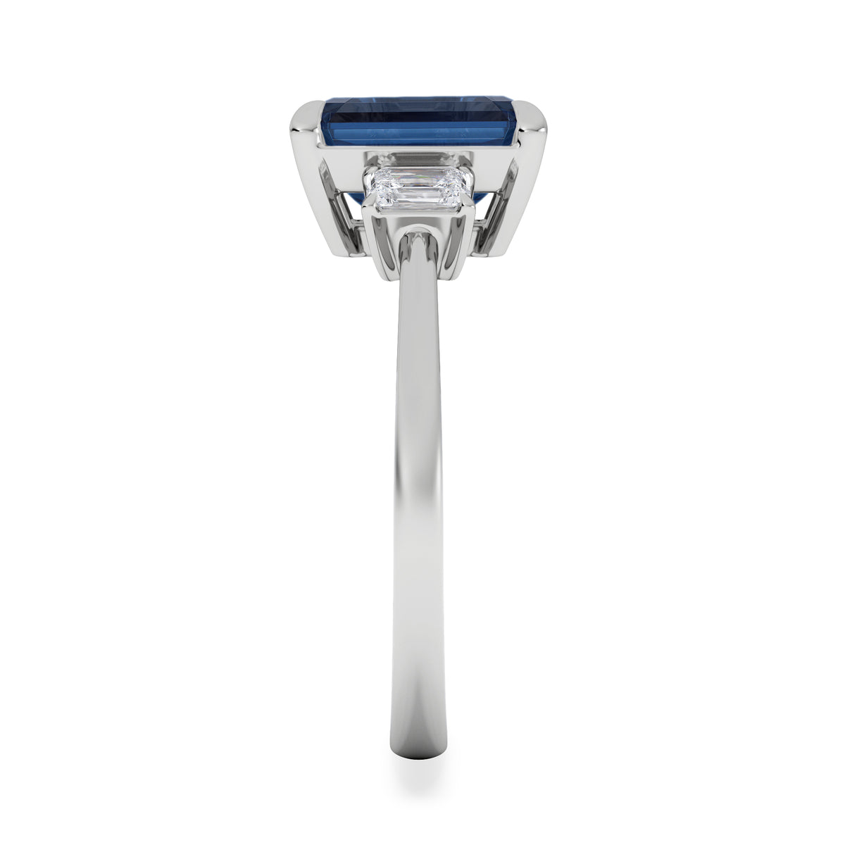 Solene 2.50ct Emerald Cut Lab Sapphire and Lab Diamond 3 Stone Engament Ring in 18K White Gold