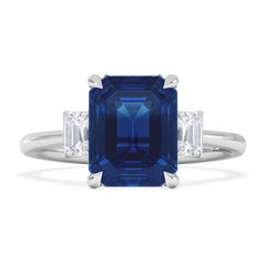 Solene 2.50ct Emerald Cut Lab Sapphire and Lab Diamond 3 Stone Engagement Ring in 18K White Gold
