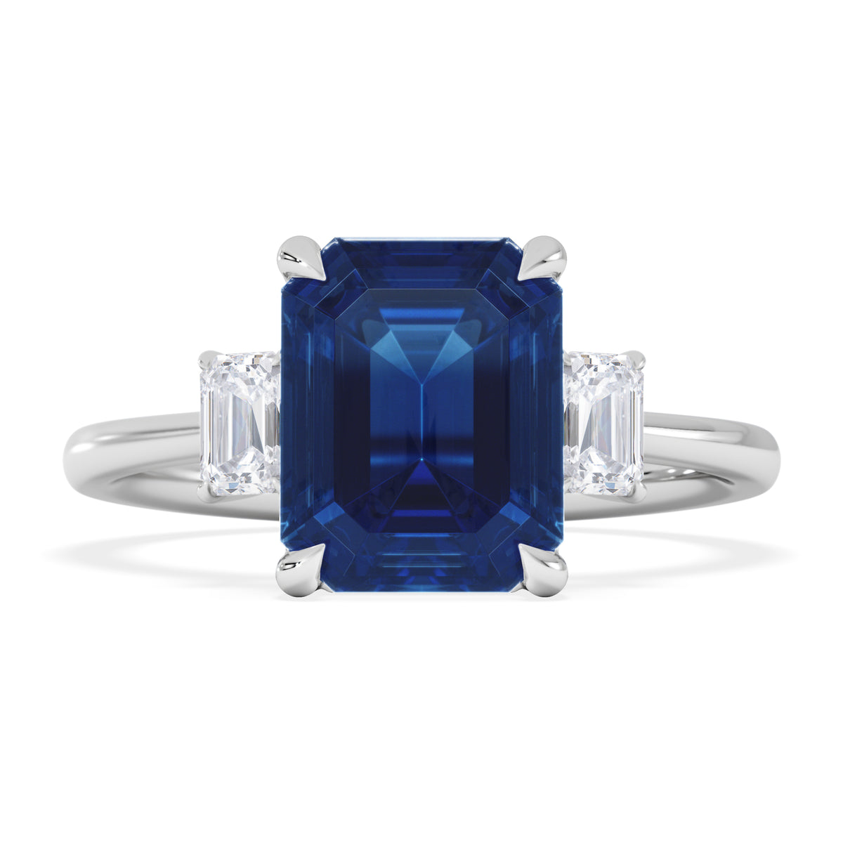 Solene 2.50ct Emerald Cut Lab Sapphire and Lab Diamond 3 Stone Engament Ring in 18K White Gold