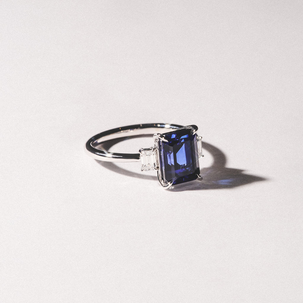 Solene 2.50ct Emerald Cut Lab Sapphire and Lab Diamond 3 Stone Engagement Ring in 18K White Gold