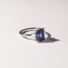 Solene 2.50ct Emerald Cut Lab Sapphire and Lab Diamond 3 Stone Engagement Ring in 18K White Gold