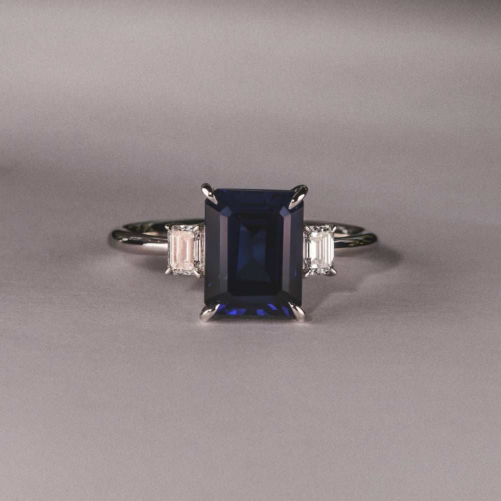 Solene 2.50ct Emerald Cut Lab Sapphire and Lab Diamond 3 Stone Engament Ring in 18K White Gold