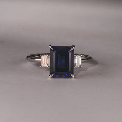 Solene 2.50ct Emerald Cut Lab Sapphire and Lab Diamond 3 Stone Engagement Ring in 18K White Gold