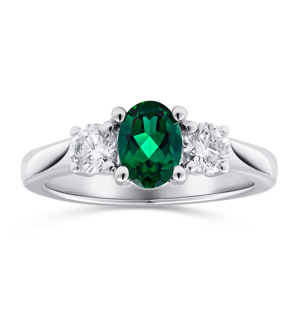 Lab Emerald 0.70ct and Lab Diamonds 0.50ct 18K White Gold Ring