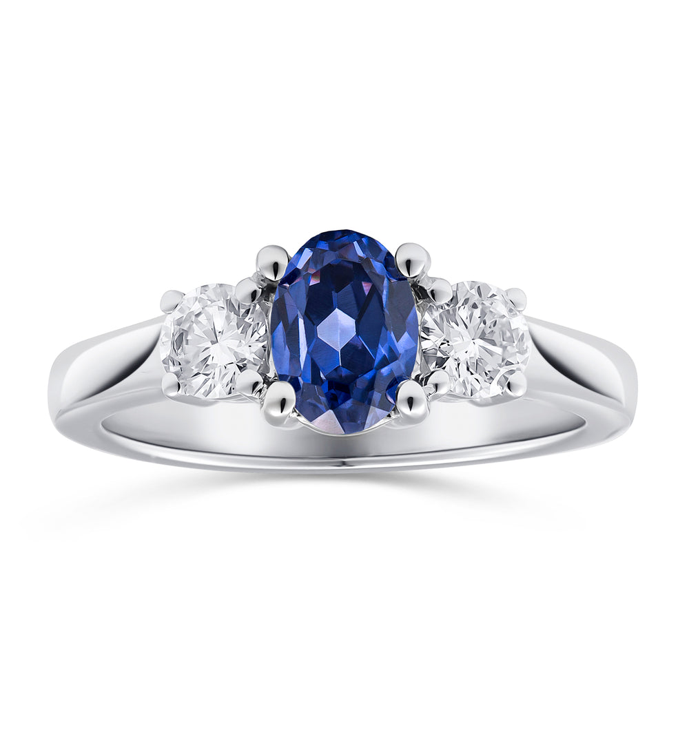 Lab Tanzanite 7 x 5mm and Lab Diamonds 18K White Gold Ring
