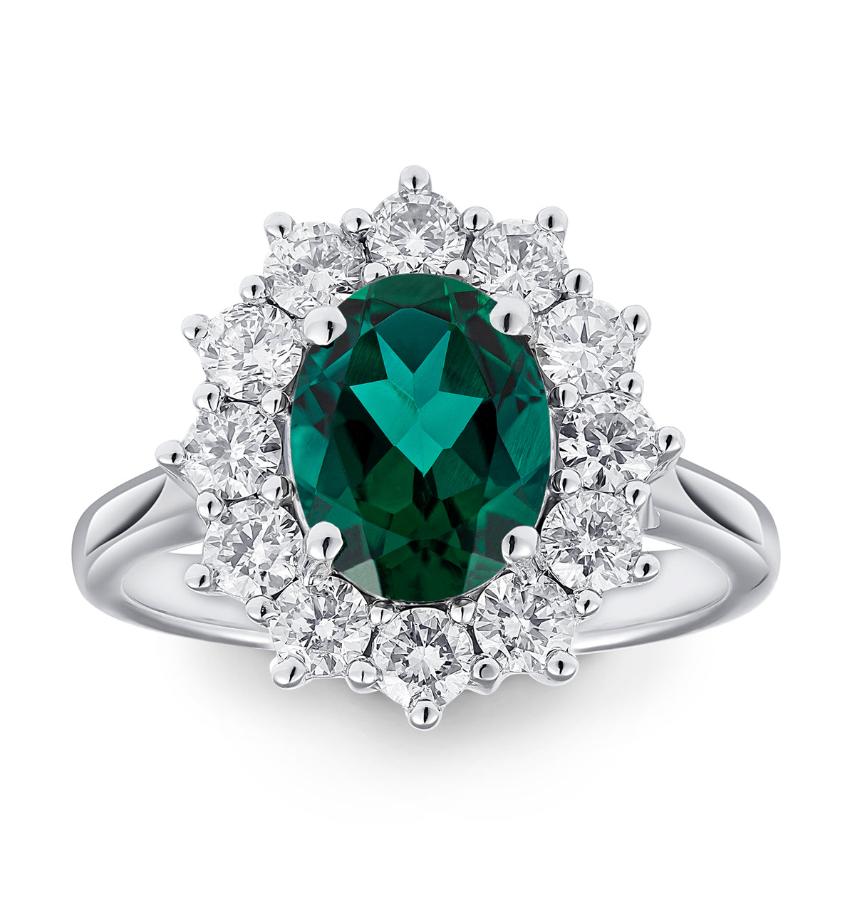 Lab Emerald 1.95CT and Lab Diamond 1.00ct Cluster Ring in 18K White Gold