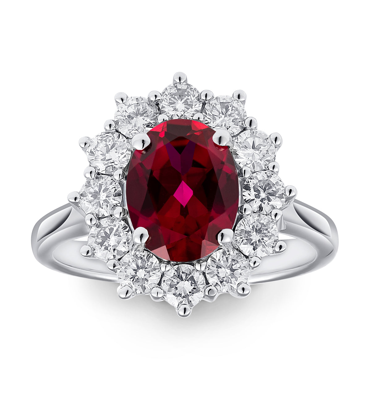 Lab Ruby 2.40ct and Lab Diamond 1.00ct Cluster Ring in 18K White Gold