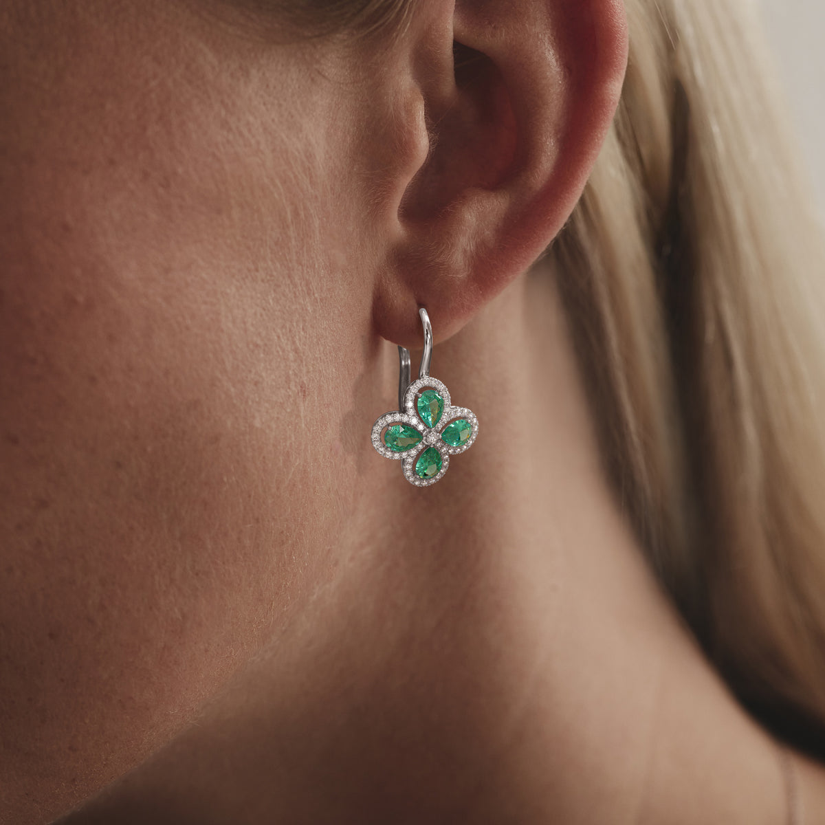 Bloom 4.75ct Lab Emerald and Lab Diamond Earrings in 18K White Gold