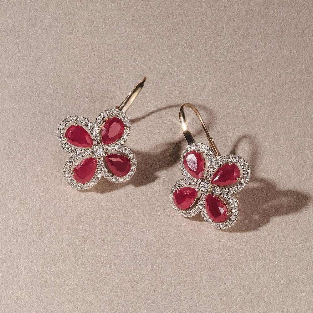 Bloom 4.75ct Lab Ruby and Lab Diamond Earrings in 18K Yellow Gold